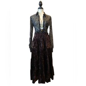 Chocolate Brown Velour Tiered Maxi Skirt Size L Petite Boho Dark Academia